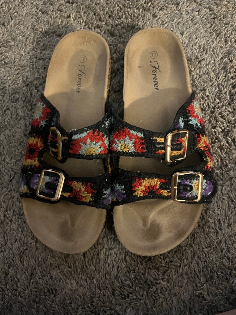 Forever Black Embroidered Floral Buckle Slide Mules